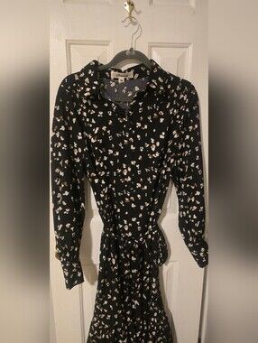 Casual Black Floral Button-Front Long Sleeve Shirt Dress with Tie Waist